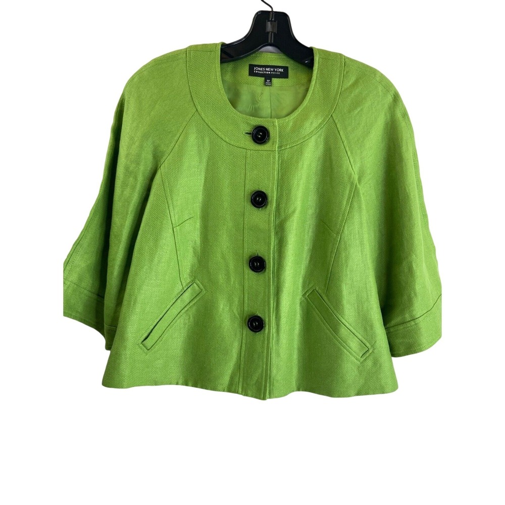 Jones New York Jacket Womens Petite 6P Green Linen 3/4 Sleeve Button Front